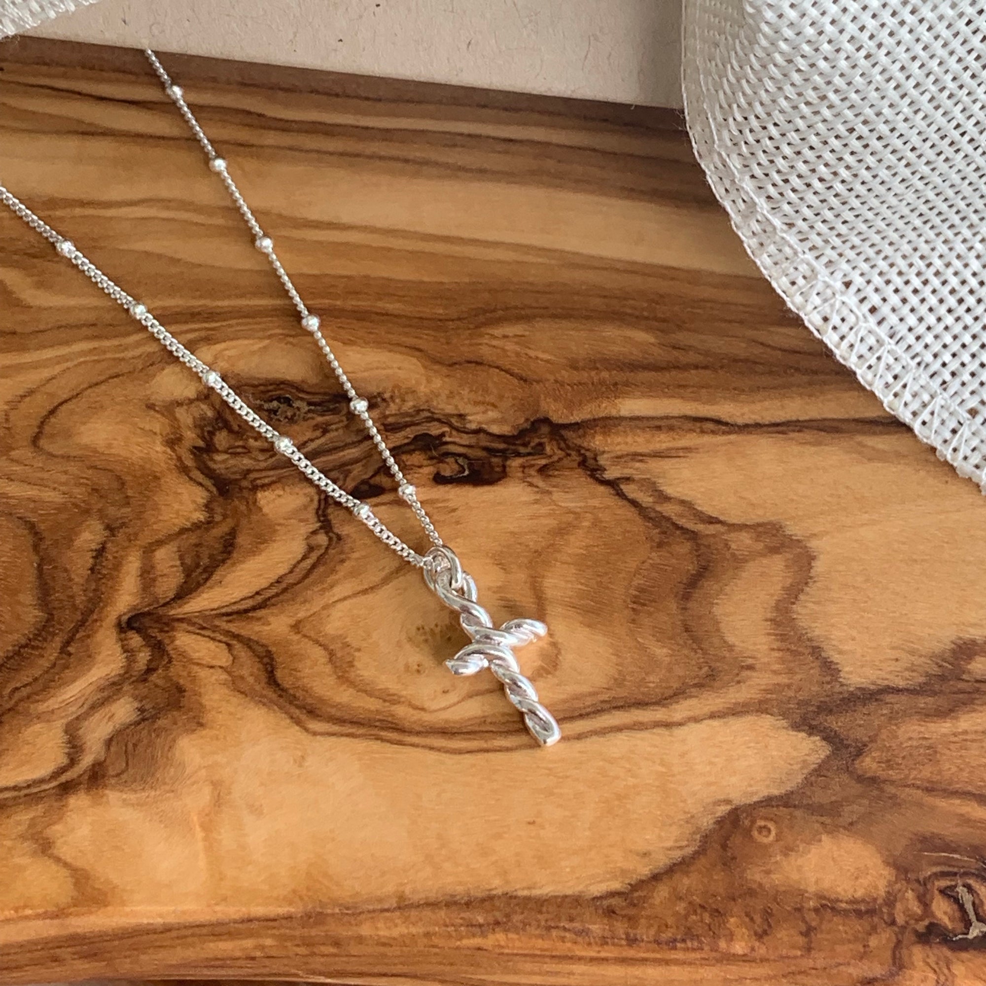 Petite Rope Cross Necklace - Sterling Silver